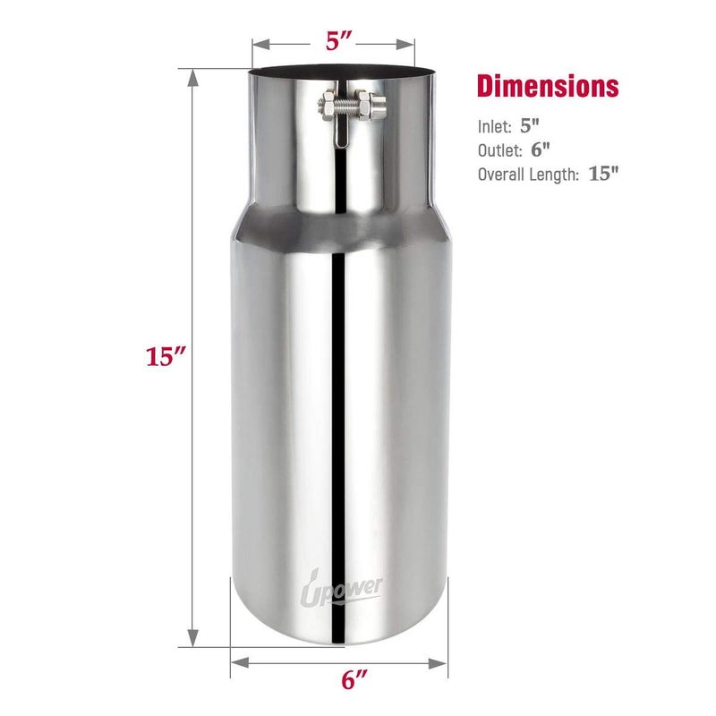 Upower Diesel Exhaust Tip 5" to 6" Stainless Steel Bolt-On Tail Pipe Tips 5 inch Inlet 6 inch Outlet 15" Long Rolled Edge Tailpipe Universal For Trucks Car - Image 4